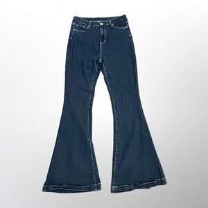 Shein Women's Jeans Size L Dark Wash Flare Heart Pockets White Stitching